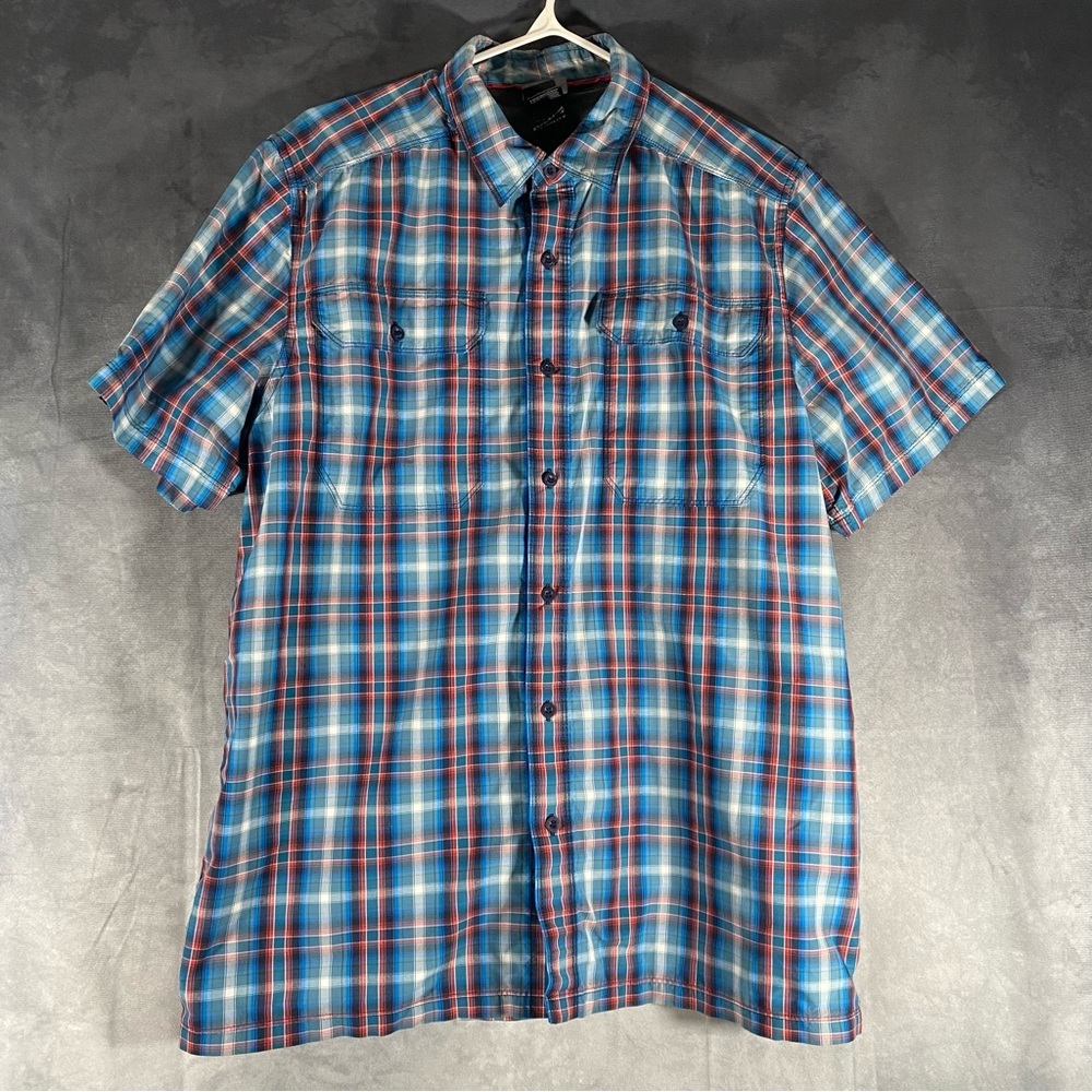 The North Face-Mens Short‎ Sleeve Button Down Shirt-Large-Blue Plaid-Hiking Camp